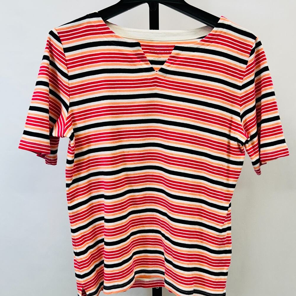 Talbots Stripe V Neck Women L Petite Short Sleeve Top T Shirt